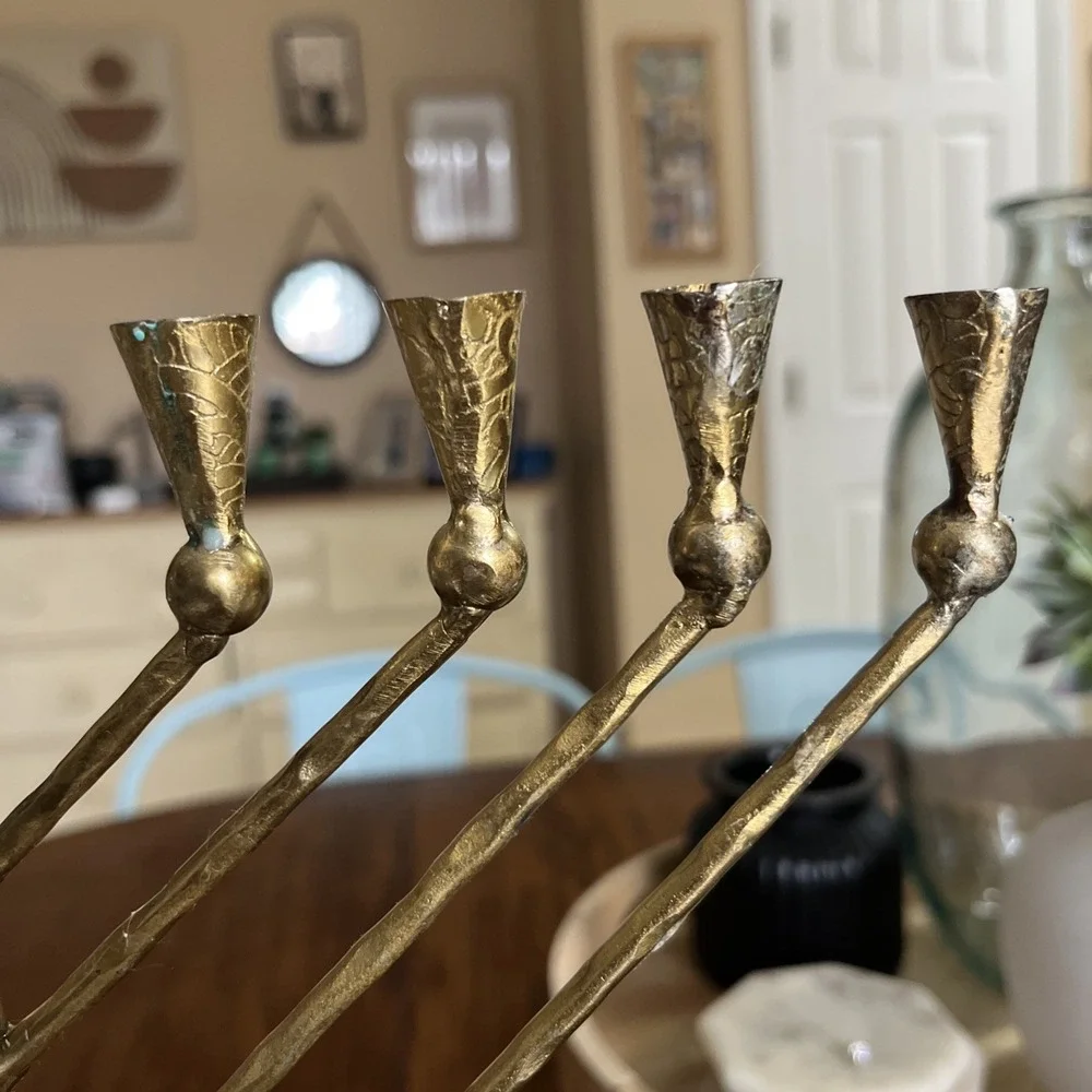 Metal Menorah With Snowflake Decor Hanukkah Brutalist Marble Wood Base See Photo
